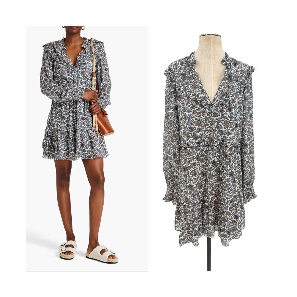 Veronica Beard Savile Floral Print Silk Ruffle Mini Dress Blue White Size 10